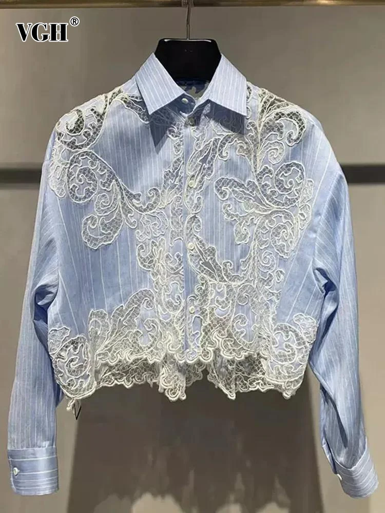Женская кружевная блузка VGH повседневная короткая с отложным воротником и