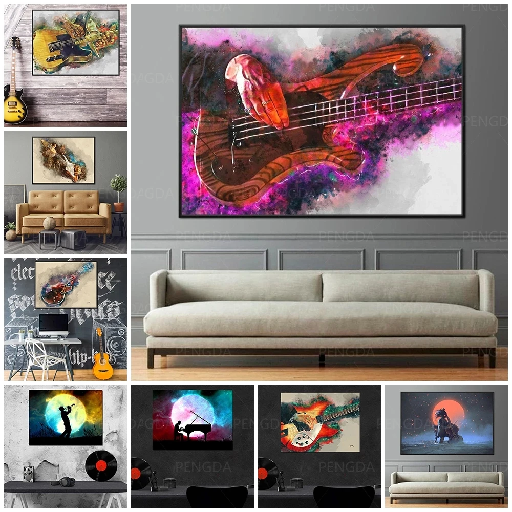 

Canvas Painting Home Decor Guitar Wall Art Picture Piano Prints Music Instrument Modular Modern No Frame Poster For Living Room