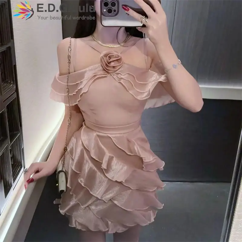 

EDGLuLu Sexuy Three-Dimensional Flower Off Shoulder Birthday Dress For Women Elegant Irregular Ruffled Mini Party Dress 0504
