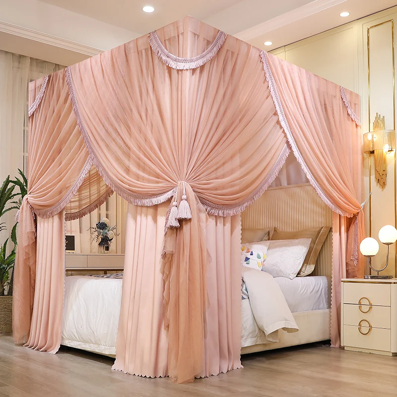 Luxury Double-deck Lace Tassel Edge Shading Bed Mantle Floor-standing Mosquito Net Bedroom Double Bed With Mosquito Net Frame