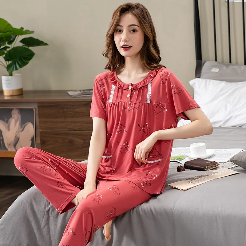 Modal Pajama Set Women Cotton 2pcs Pyjamas Women Nightwear Short-Sleeve Sleepwear Summer Sleepshirts Nighty Pajama Big Yards 4XL