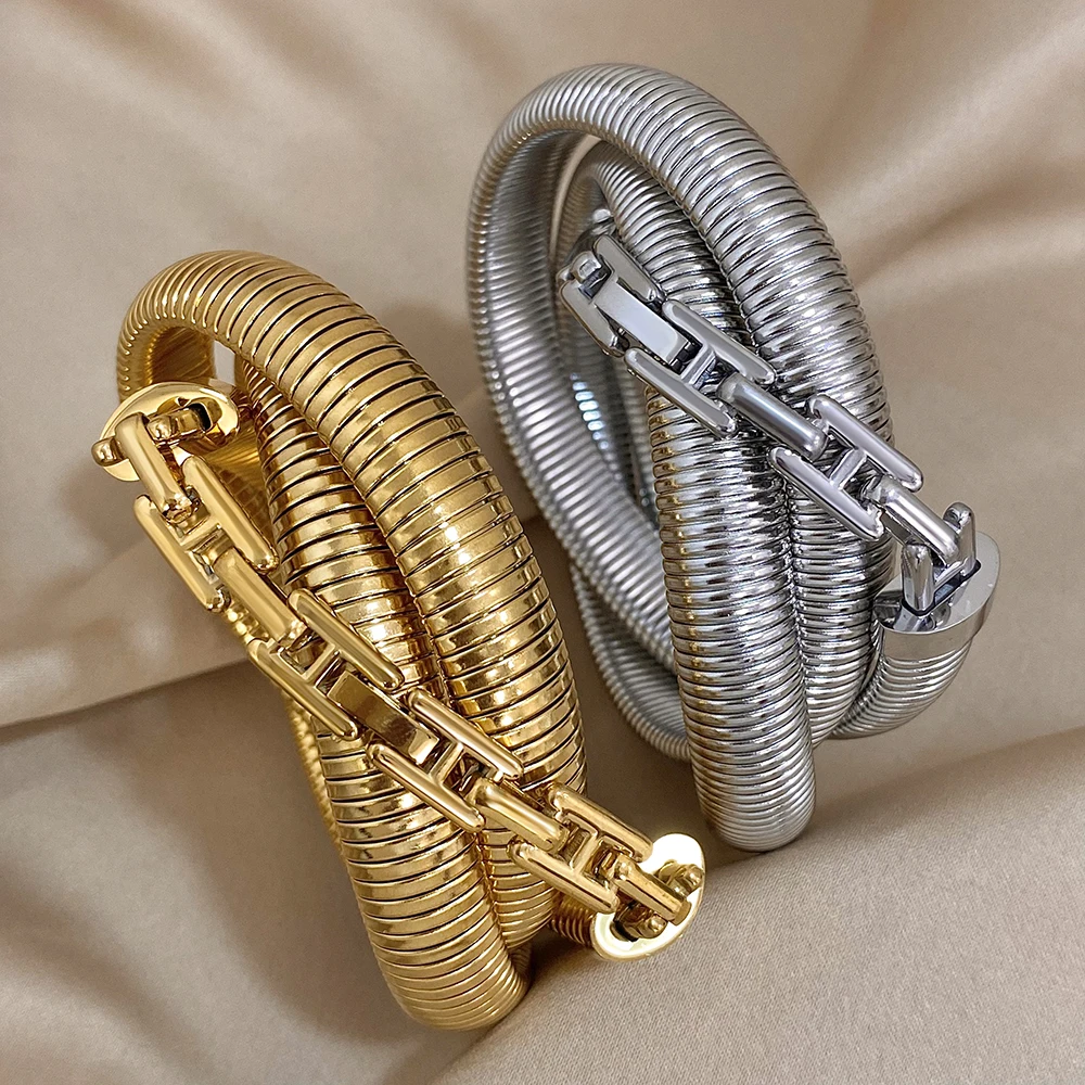 

Luxury Cross Stretch Stainless Steel Bangle Bracelet For Women Fashion Layered Hook Buckle Coil Cinch Bangle Waterproof Jewelry