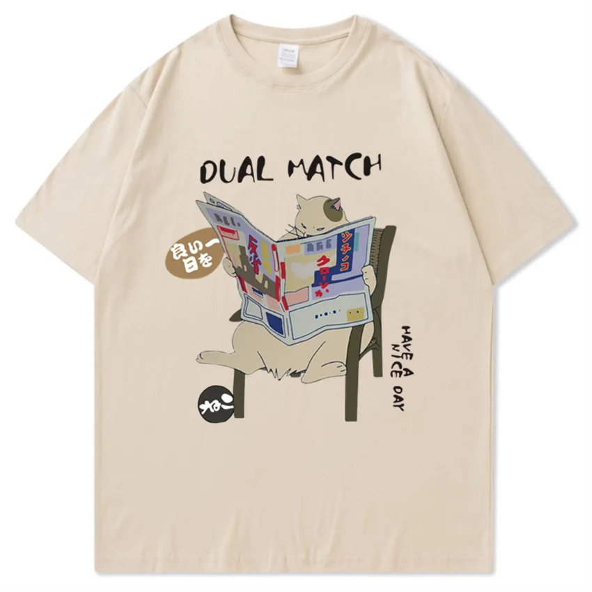 

Футболка мужская в японском стиле Харадзюку, забавная хлопковая рубашка в стиле чтения газеты и кошки, топ в стиле хип-хоп с мультяшным прин...