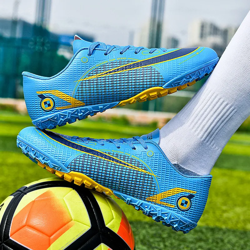 Blue Children's Football Shoes Trainers Size 31-46  Lace-up Low Football Sneakers for Teenager Non-slip Indoor Soccer Cleats Men