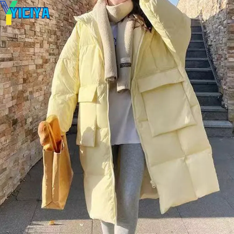 YICIYA Parkas Winter Coat Women Fall 2023 Fashion Oversized Solid Long Jacket With Hoodies Loose Coats Elegant Ladies Outerwear
