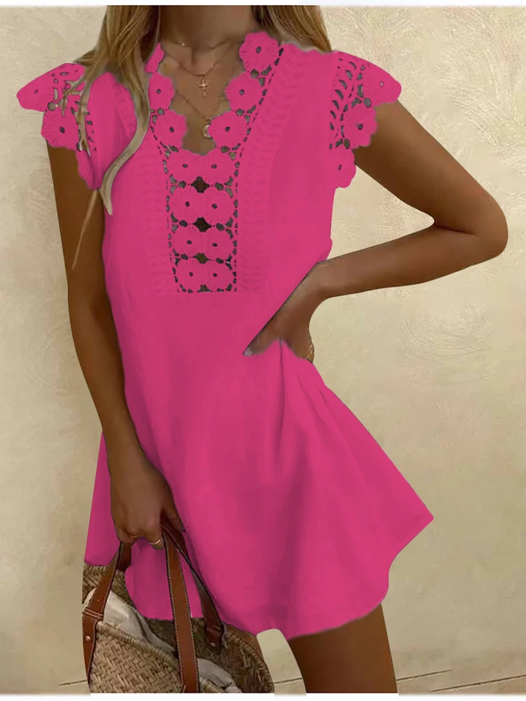 

Fashion Summer New Women's Dress Flower Pattern A-Line Dress for Daily Wear Elegant Casual For Women Hollow Out Lace