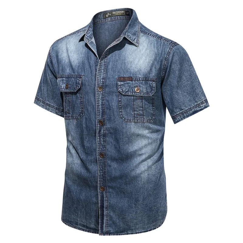 

Рубашка мужская джинсовая с короткими рукавами, Классическая тонкая хлопковая эластичная блуза из денима, с карманами, в стиле ретро, лето