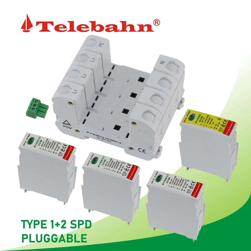 Заводской Telebahn TUV 3P+N T1+T2 Uc150V 275V 300V 320V 385V 440V Iimp12.5kA Трехфазные ограничители
