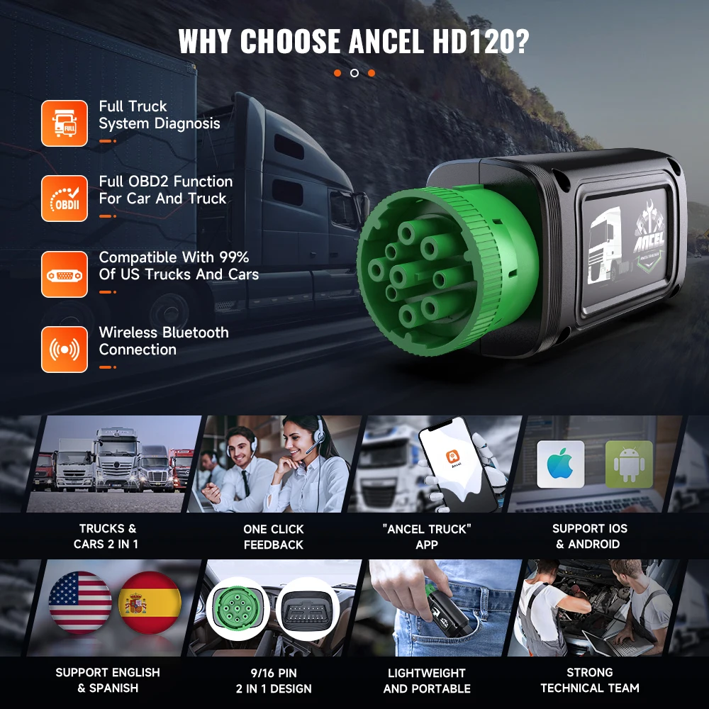 Фото ANCEL Trucker Series HD120 Bluetooth Heavy Duty Truck Scanner Сканер регенерации DPF для международного двигателя Volvo MaxxForce №5