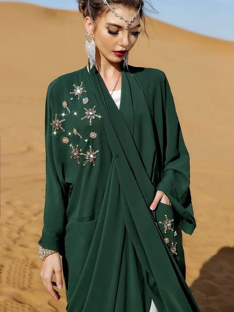 Snowflake Kaftan Moroccan Embroidered Caftan Arabic Long Dress Women Handsewn Rhinestones Muslim Kimono Dubai Open Abaya Green