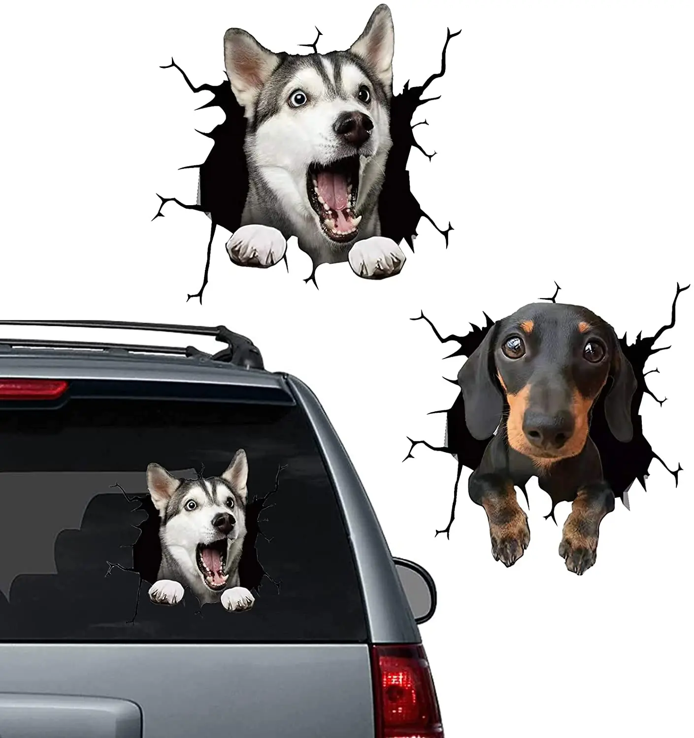

Dog Window Clings Car Crack Decals Pet Stickers Realistic Animal Funny 3D Husky Toilet Wall Truck Door Glass Simulation Gift Sta