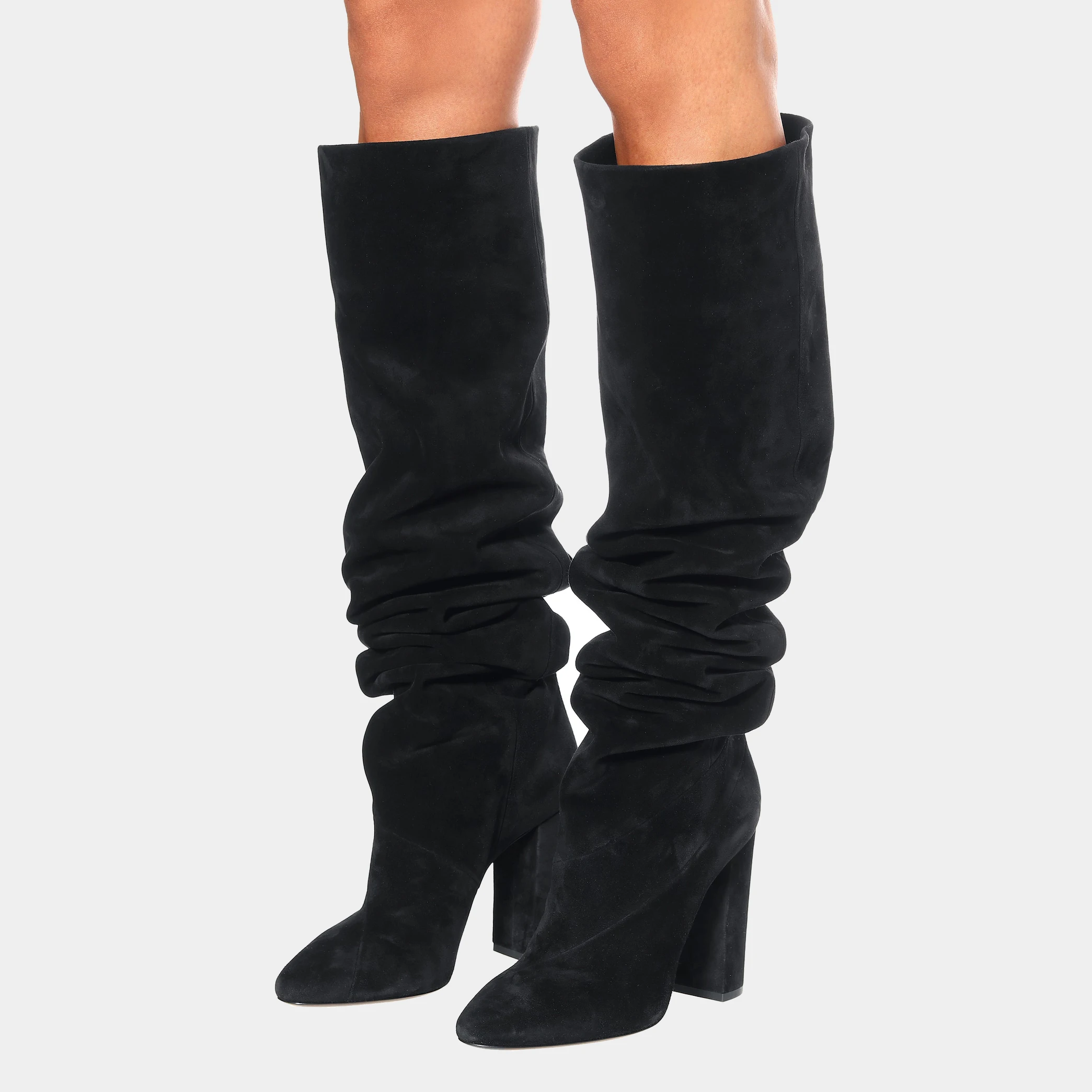 

2022 Spring and Autumn Rice White Pointed Toe Thick Heel Boots Women's Folded Thin High-heeled Boots Large Size