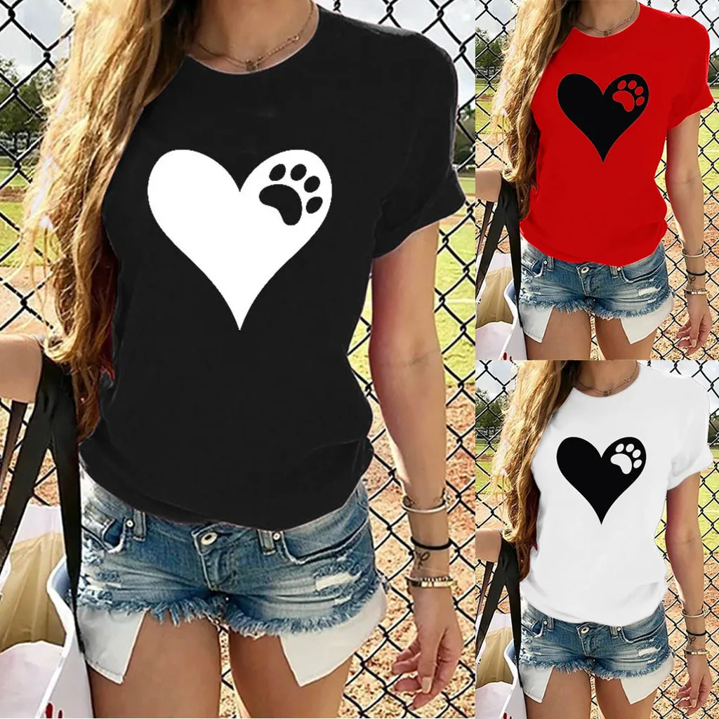 

Womens Polyester T Shirts O-neck Tops Print Blouse Heart-shaped Women Sleeves T-shirt Casual Short Women's Blouse Summer Top