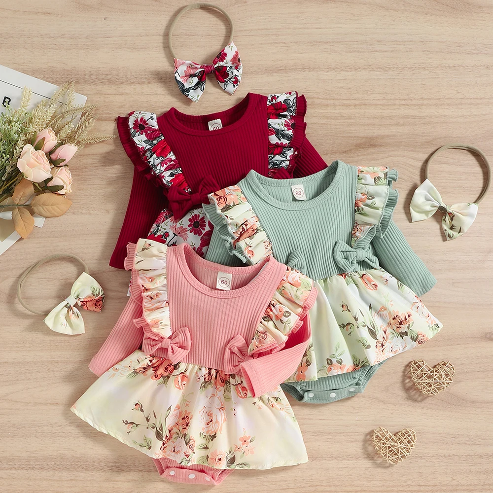 

Spring/Autumn Baby Girls Dress Romper + Floral Headband Cotton Long Sleeve Infant Rompers Newborn Clothes Toddler Clothing