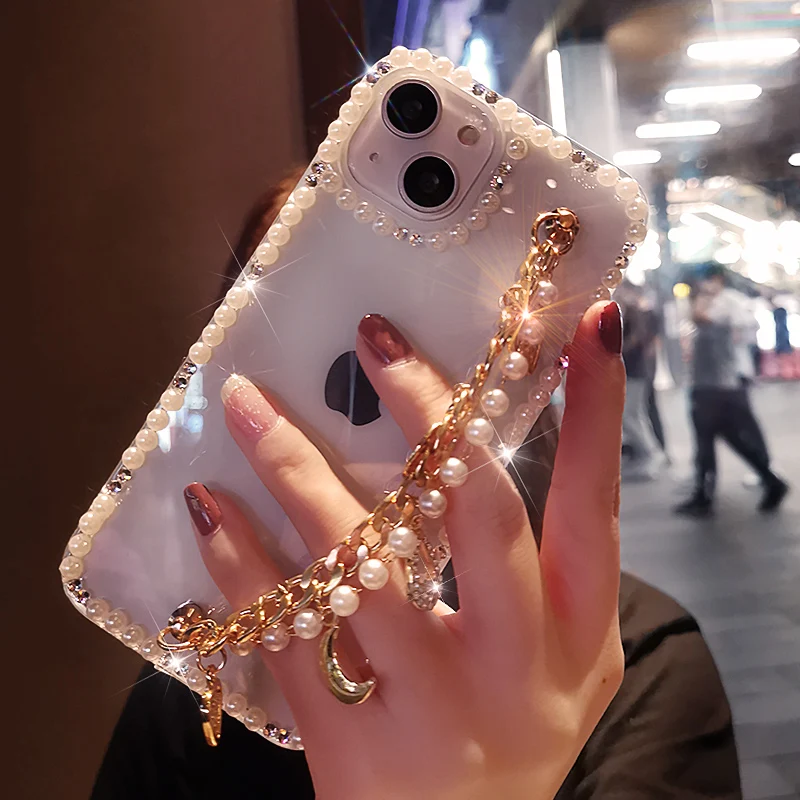 

For IPhone 11 12 13 Pro Max Mobile Phone Case Transparent Pearl Diamond Edge Luxury Case for IPhone 13 12 11 Protective Cover