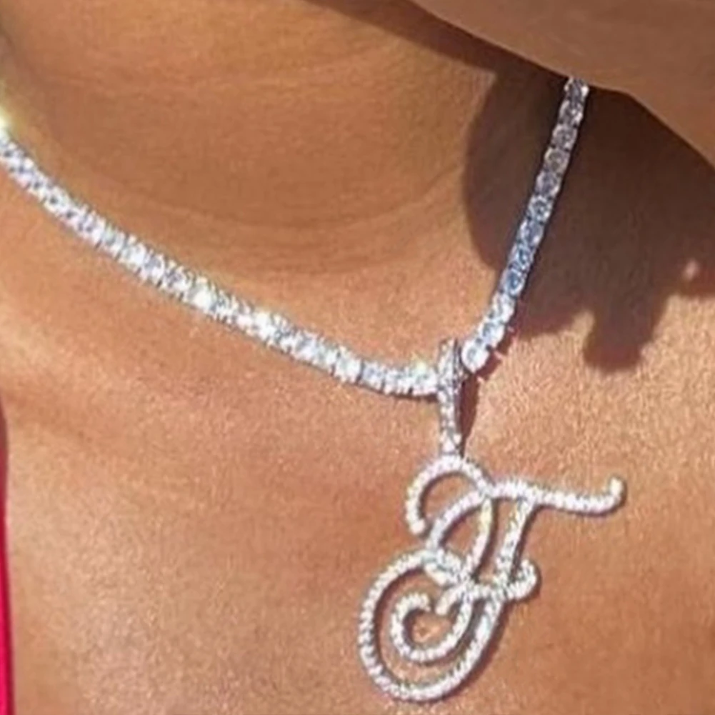 

Hip Hop Cursive Letter Iced Out Crystal Pendant Necklace For Women Men Initial Alphabet CZ Zircon Tennis Chain Necklace Jewelry