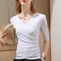 women tops solid wrap tee t shirts ruched casual v neck bottoming shirt half sleeve mesh fitted summer autumn korean blusa 3xl