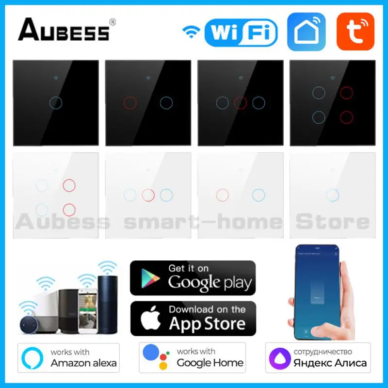 

Беспроводной смарт-переключатель Aubess, Wi-Fi + 433 МГц, управление через приложение Tuya, дистанционное управление для Alexa, Alice, Google Home, 1/2/3/4 клавиши, ...