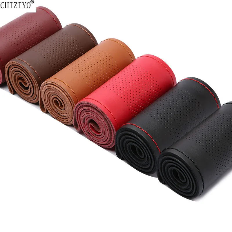 

38cm 15 Inch Hand-Stitched Genuine Leather Car Steering Wheel Cover Hole Non-slip Breathable Case With Needle And Thread