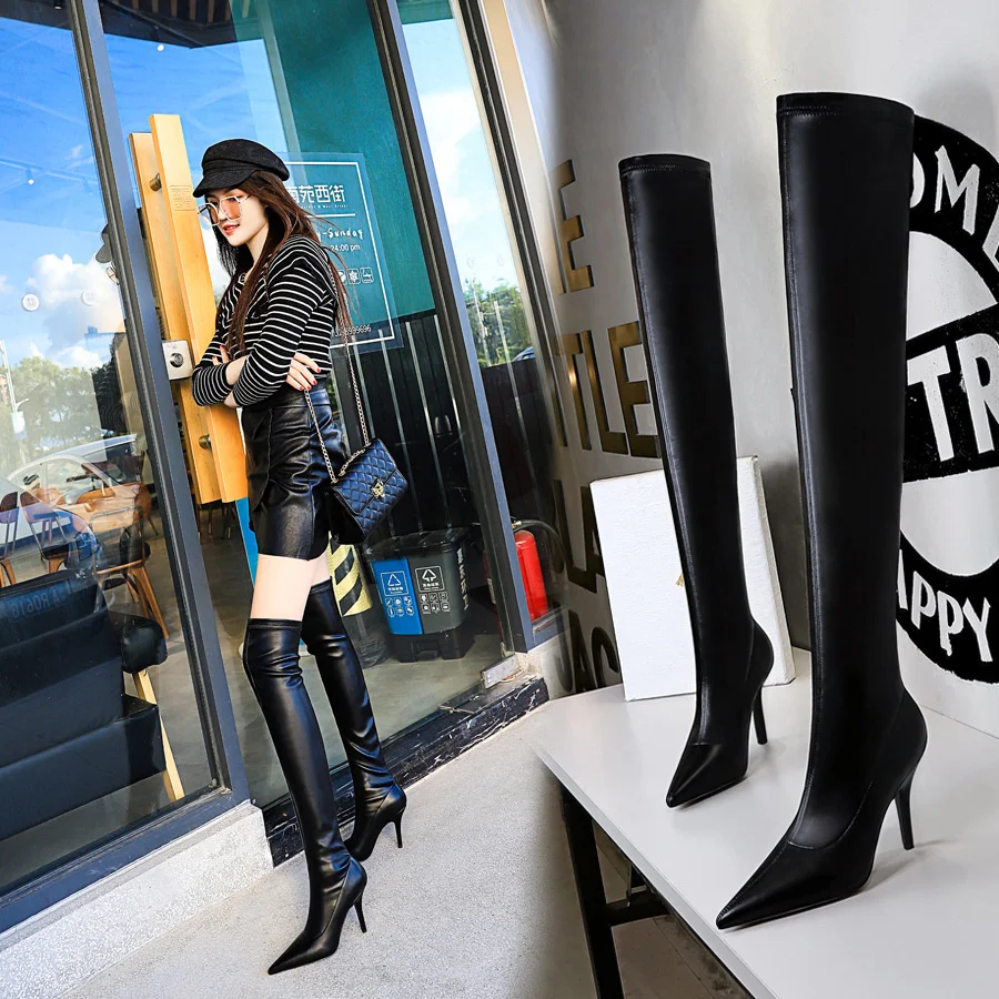 

Women's High Heel Fashion Black Platform Boots Sexy Nightclub Show Thin Pointed Pedicure Over Knee Winter Shoes Square Toe Heels