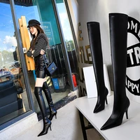 womens high heel fashion black platform boots sexy nightclub show thin pointed pedicure over knee winter shoes square toe heels