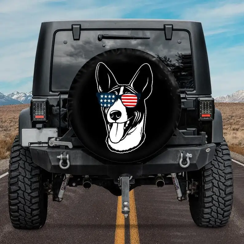 

Spare Tire Cover, Basenji Jeep Tire Cover, Car accessories Basenji owner, Pet Dog Spare Tire Cover, Camera hole, American flag