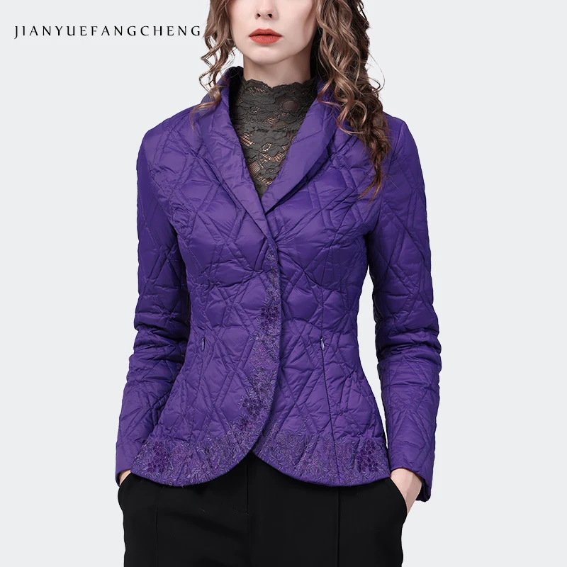 

2022 New Vintage Embroidery Women Purple Down Jacket Fashion Slim Short White Duck Down Puffer Coat Warm Padded Winter Parkas