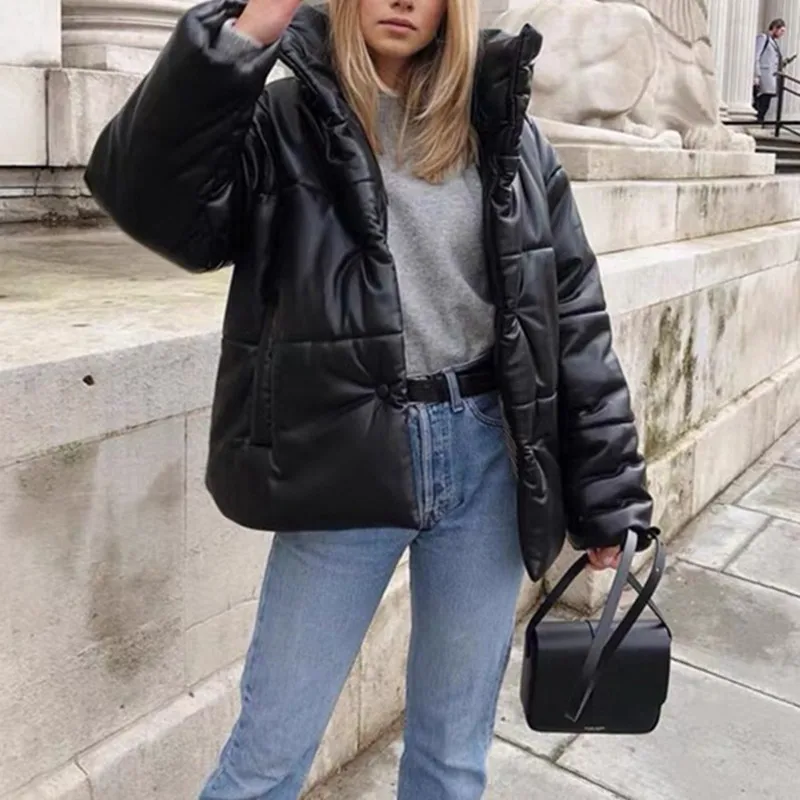 Women Single Breasted Simple Solid New Turtleneck Loose Casual Thicken Jackets Female Imitation Leather Coats Office Lady Parkas