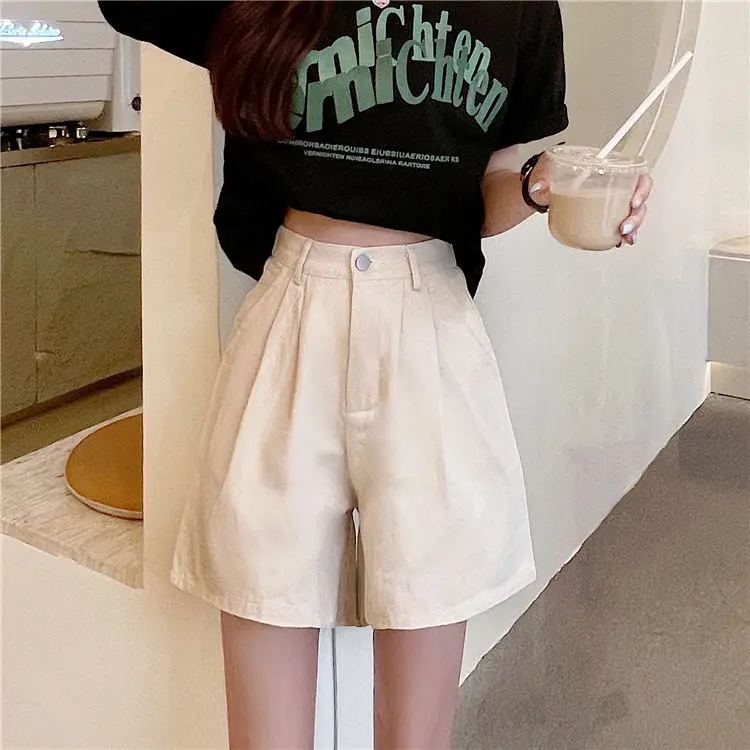 

2022 Summer Women Fashion Korean High Waist Wide-leg Shorts Female Casual Solid Color Shorts Ladies Loose Pockets Shorts O196