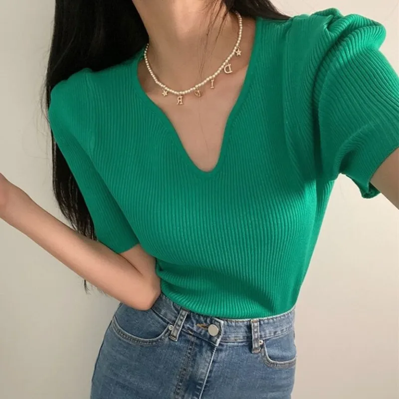 

2022 Women Sexy V-neck Solid Thin Summer Pullover Female Knitted Ribbed Sweater Slim Casual Short Sleeve Tops