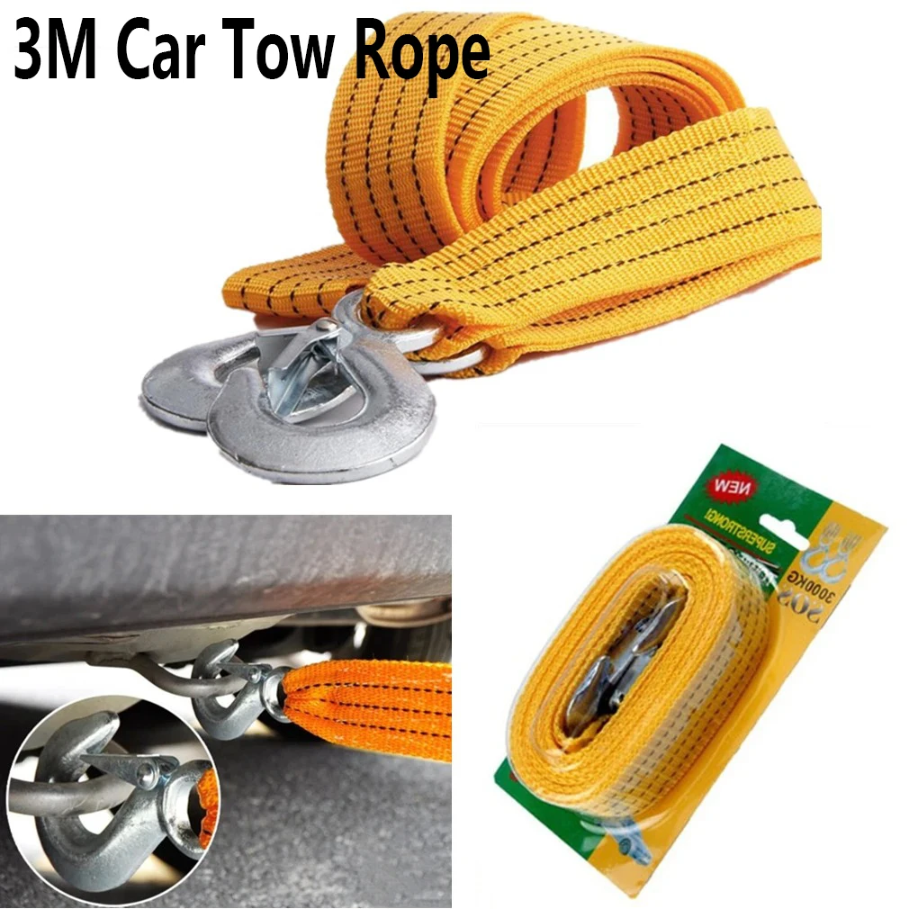 3M Heavy Duty Car Tow Rope Cable Strap Belt With 2 Anti-Slip Hooks for Vehicle Emergency Road Recovery Towing Strap Rope