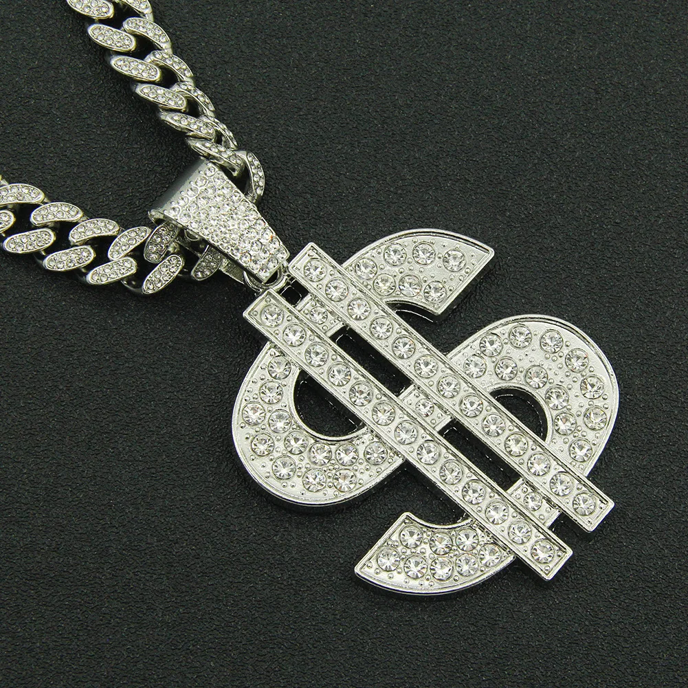 

Bling Rhinestone Dollar Pendant Necklace For Men Silver Color Iced out 13mm Cuban Chain Choker Necklaces Hiphop Rap Rock Jewelry