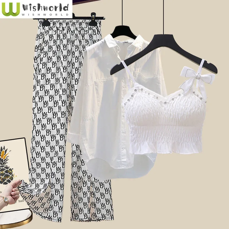 

Spring and Summer Women's Suit 2022 New Korean Style Waist Closing Fashion Suspender Casual Shirt Wide Leg Pants Three Piece Set