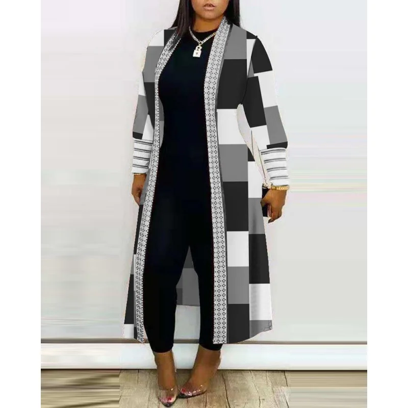 2024 черный модный стиль повседневная длинная куртка-кардиган с принтом и рукавами