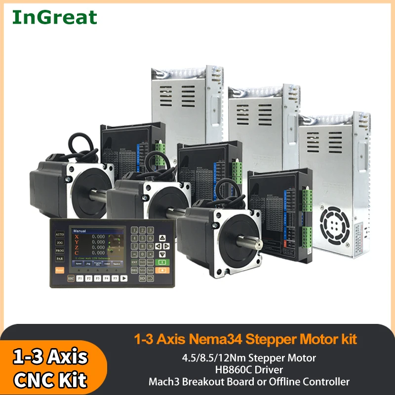 1-3 Axis Nema34 Stepper Motor Drive Power Supply Controller Kit 4.5/8.5/12NM 86mm 6A & Mach3/Offline Controller for CNC Router