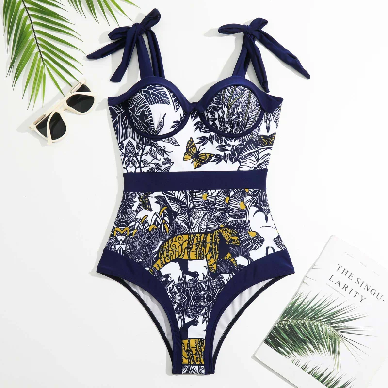 Retron Print Bikini Swimsuit and Cover Up Women 2023 New Bowknot Tie-shoulder Swimwear Brazilian Monokini Bathing Suit Summer