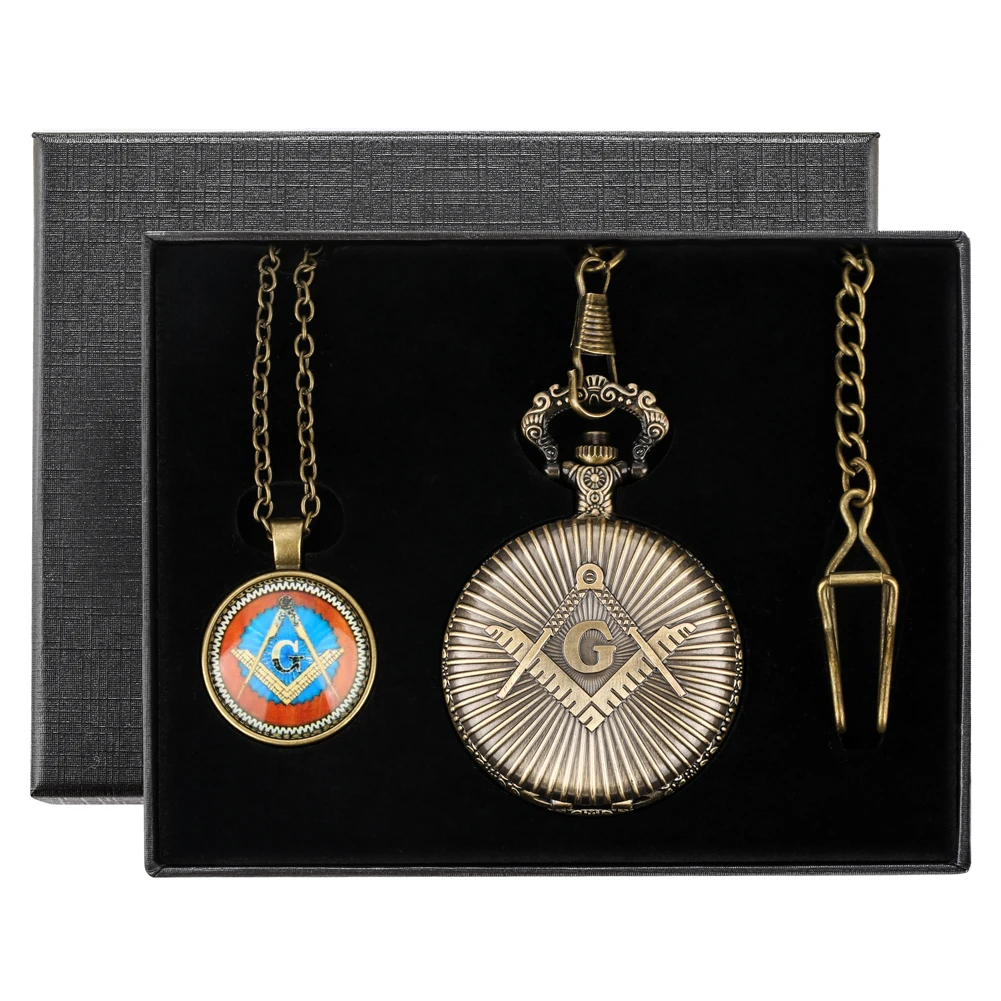 Quartz Pocket Watch Pendant Vintage Freemason Pocket Watch Necklace Analog Fob Clock Gift Box Sets for Men Rreloj De Bolsillo