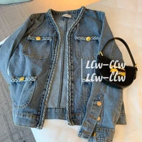 denim jacket womens 2022 new spring and autumn foreign style small fragrance long sleeved cardigan retro loose short woven deni