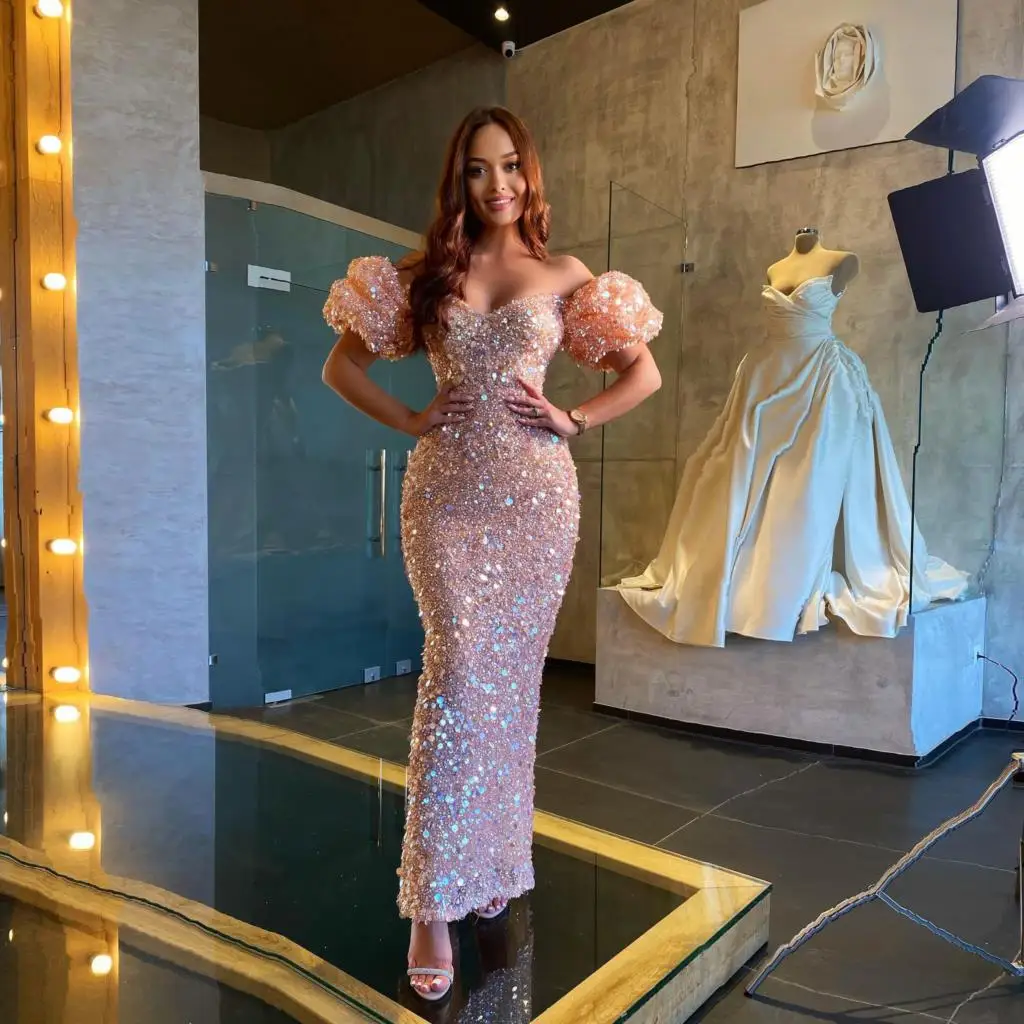 

Glitter Elegant Mermaid Evening Gowns Off The Shoulder Puff Sleeves Sequins Sparkly Women Prom Pageant Dresses Plus Size Custom