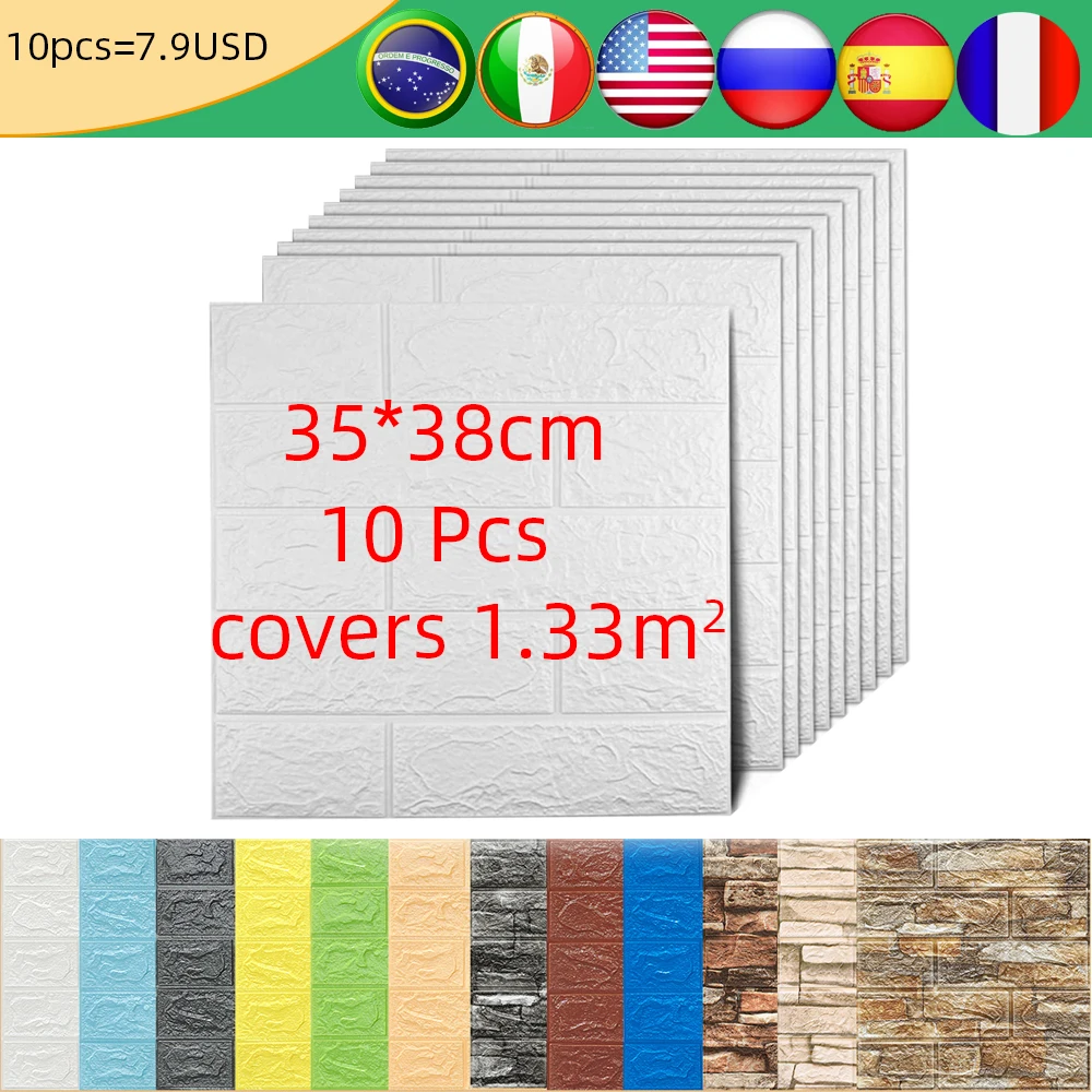 

10 Pcs 3D Wallpaper Self-Adhesive Brick Sticker Waterproof Tile Panel for Boys and Girls Kids Room Bedroom Kitchen Home Decor