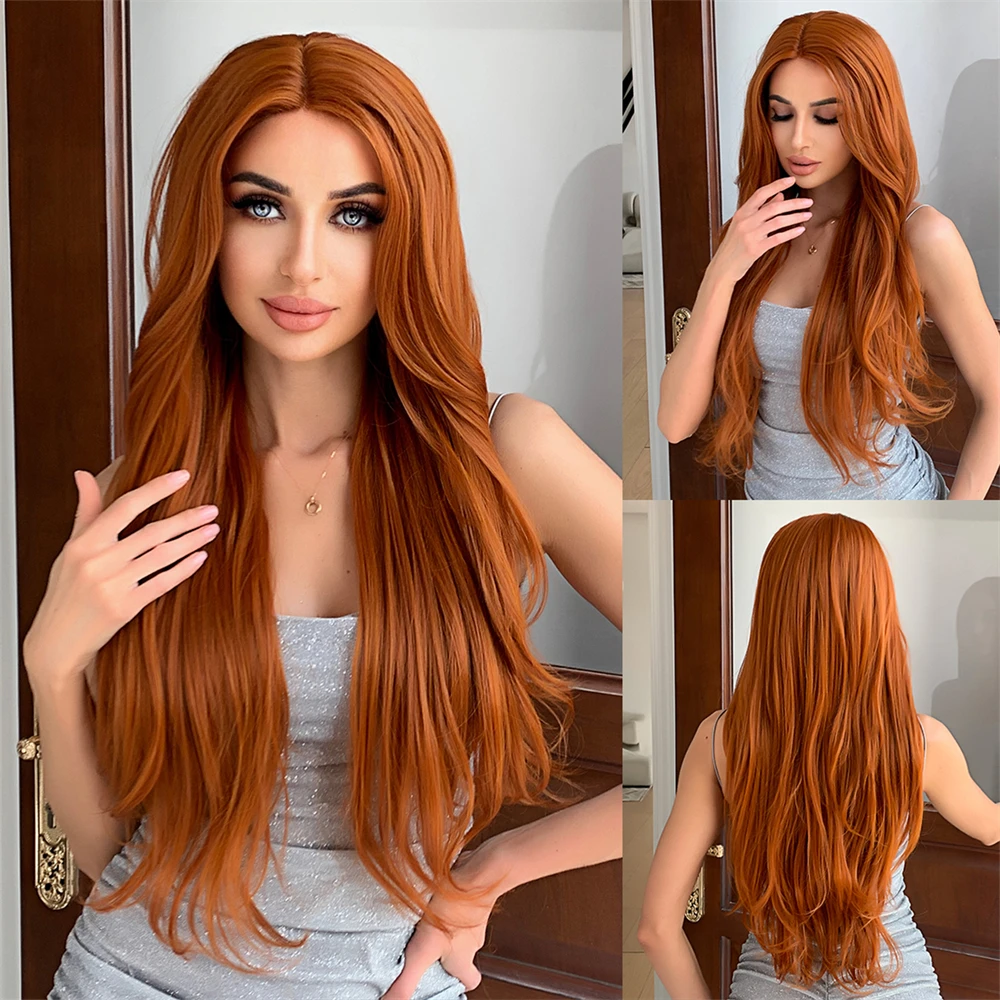 

Synthetic Lace Wigs Copper Ginger Orange T Part Lace Front Long Hair Wig for Afro Women Daily Cosplay Party Heat Resistant Fiber