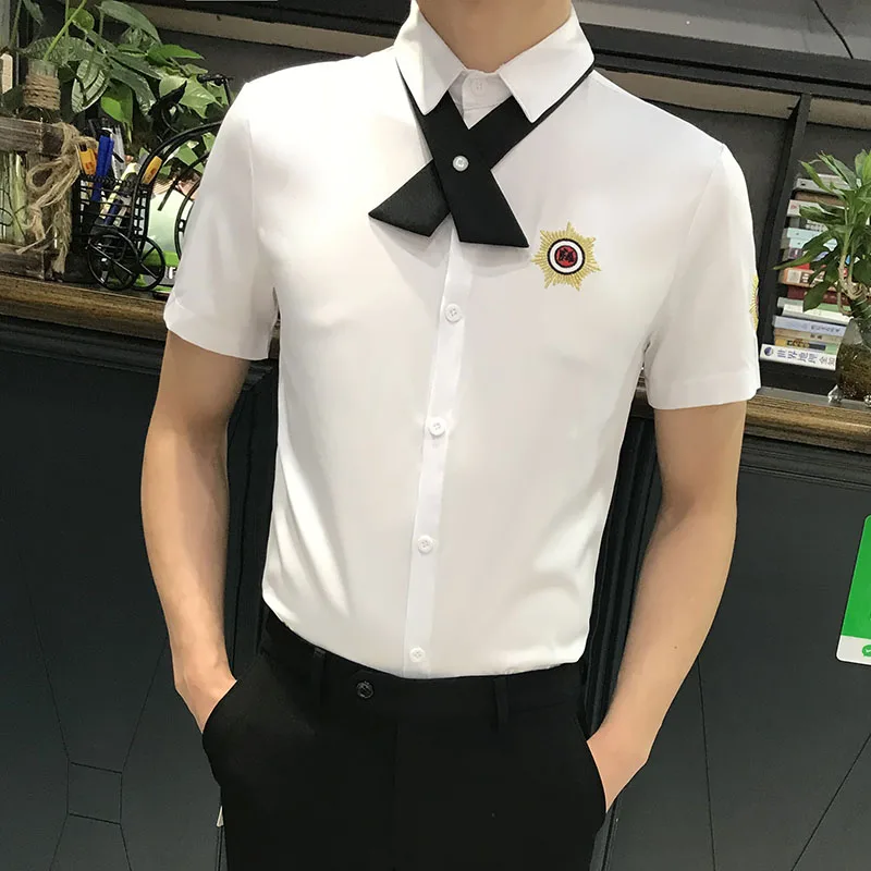 

2022 Summer Embroidered Tie Shirt Men Short Sleeve Slim Casual Shirts Couple Work Clothes Social Party Tuxedo Nightclub Blouse