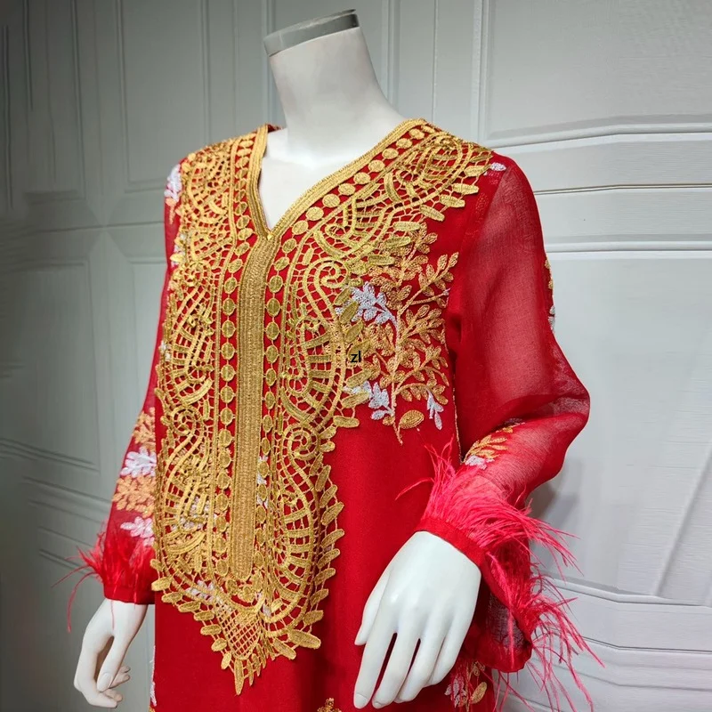 Muslim Dubai Abaya Islamic Clothes For Women Luxury Wedding Party Evening Gown Floral Embroidery Feather Boho Maxi Dress Bubu