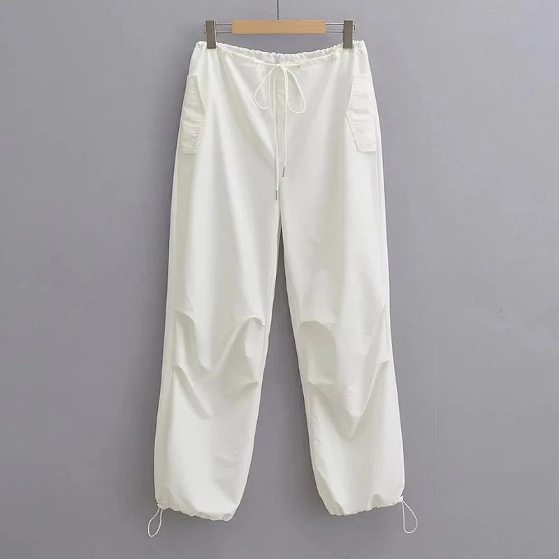 

Women Casual Cargo Pants Solid Loose Drawstring Low Waist Streetwear Baggy Sweatpants Female Pleat Joggers Parachute Trousers