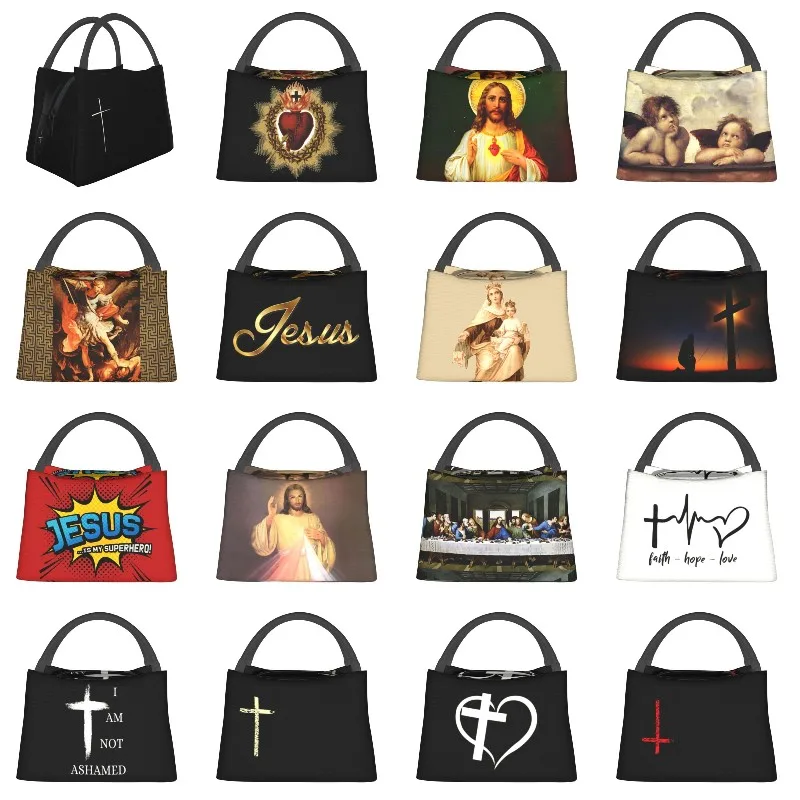 

Christian Religious Jesus Insulated Lunch Bags for Women Catholic Cross Resuable Cooler Thermal Bento Box Work Travel