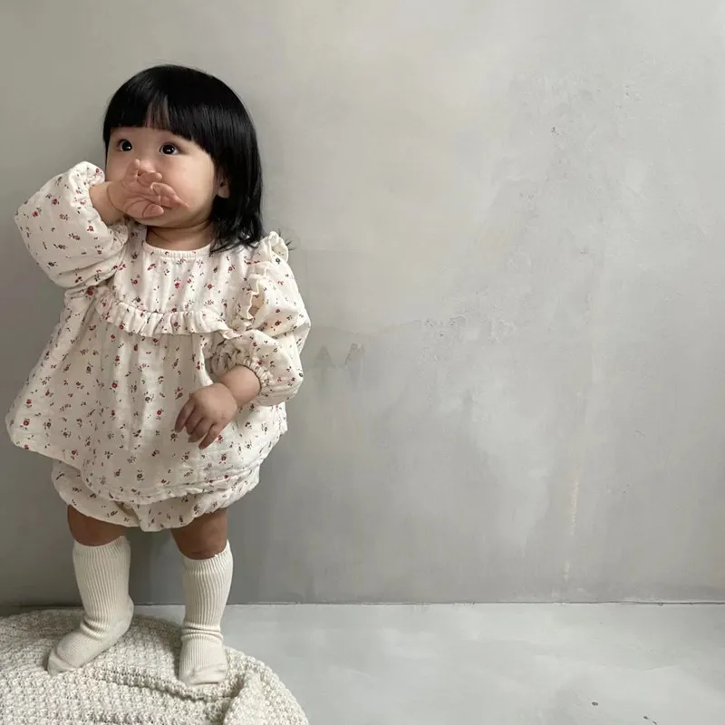 

Sweet Baby Girl Retro Floral Puff Sleeves Dress And Loose Thin Breathable Cotton Shorts 2pc Girls Cute Set Autumn Suit