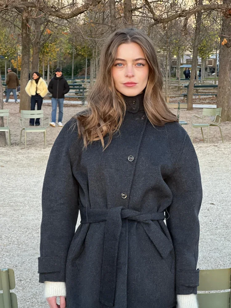 Женское однобортное шерстяное пальто элегантная однотонная куртка на шнуровке с