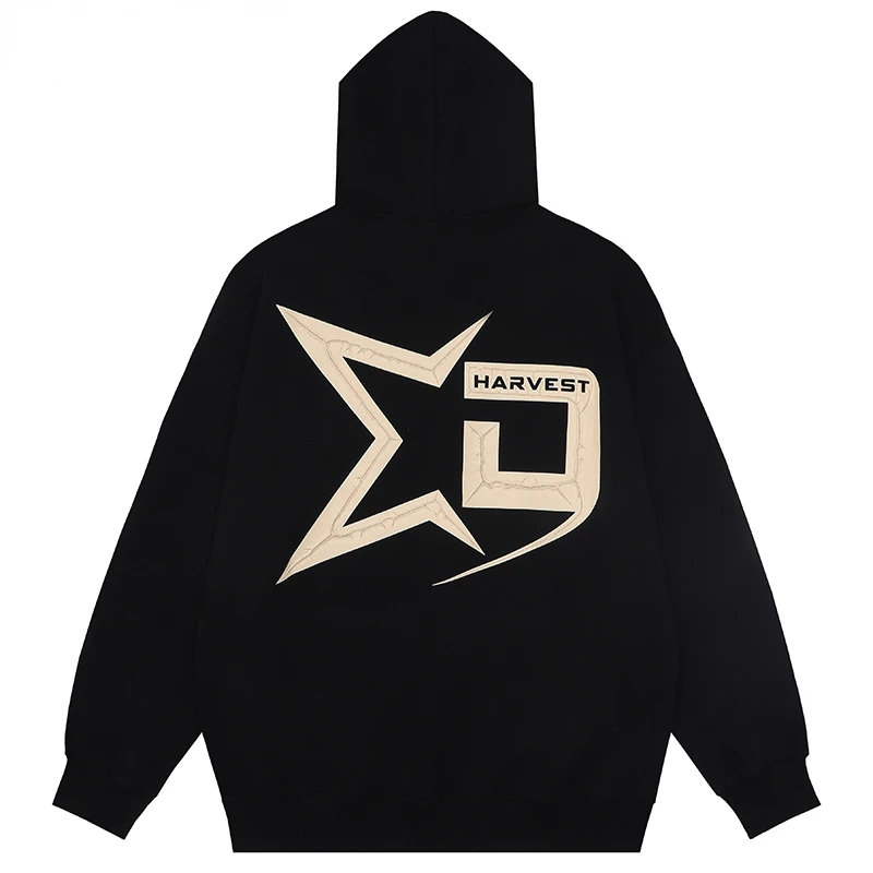 

Мужской пуловер с капюшоном, черный Повседневный пуловер большого размера в стиле хип-хоп, с принтом звезд, букв и графического принта, уличная одежда в стиле Харадзюку на осень 2023