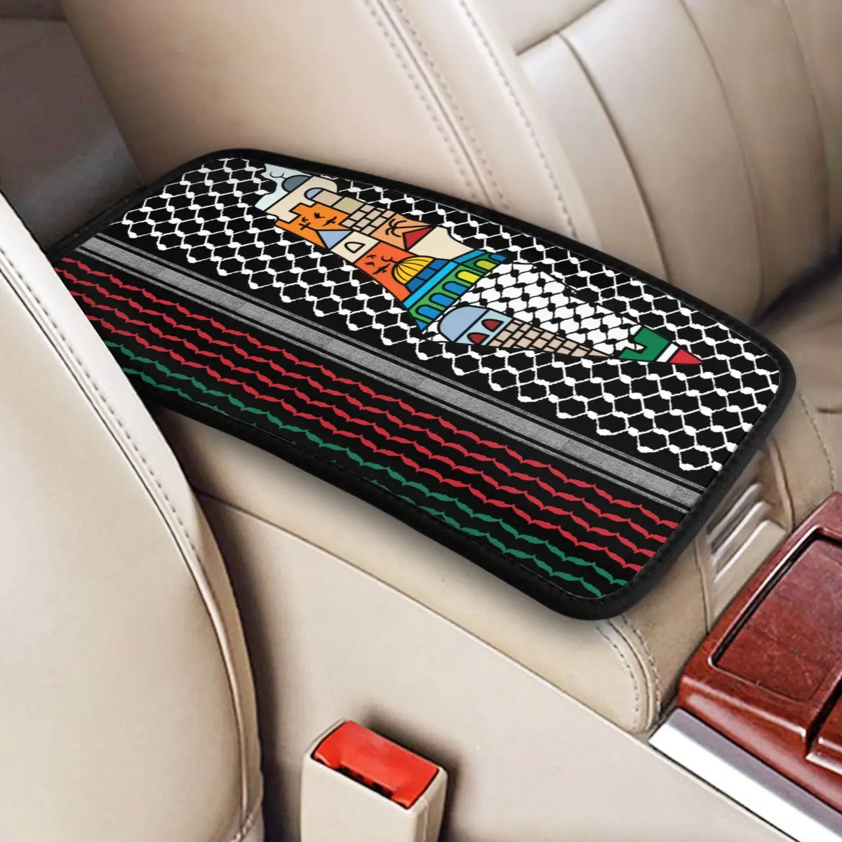 

Palestinian Map Kufiya Hatta Pattern Car Armrest Box Pad Anti-Slip Palestine Keffiyeh Center Console Cover Interior Accessories