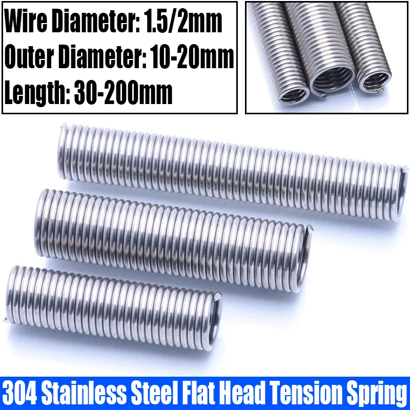 

1-2PCS 1.5/2mm Wire Dia 304 Stainless Steel Flat Head Tension Spring Without Hook/Loop Extension Spring Pullback Spring L=30-200